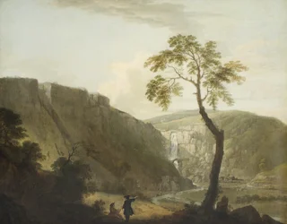 Eine felsige Landschaft mit einem Wasserfall und einem sitzenden Künstler im Vordergrund