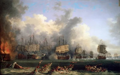 Der Untergang des russischen Schlachtschiffs St. Evstafius in der Seeschlacht von Chesma, 1771