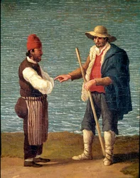 Ein Hirte und ein Kaufmann im Hafen von Monopoli, Apulien, Italien (Hirte und Kaufmann in Monopoli). Jacob Philipp Hackert, genannt Hackert d