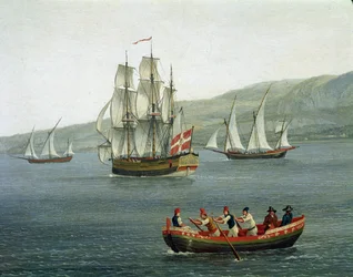 Ansicht von Schiffen in der Straße von Messina, Reggio Calabria, Italien (Schiffe in der Straße von Messina zwischen Reggio Calabria und Sizilien), Detail. Jacob Philipp Hackert, genannt Hackert d