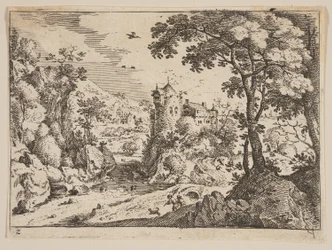 Bach zwischen felsigem Hang und Schloss, aus Landschaften