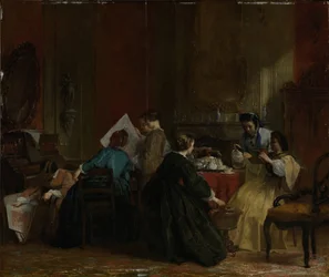 Gesellschaft von Damen, die stereoskopische Fotografien betrachten, vor 1868