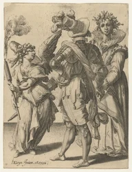 Ein blindfolded Cupido mit einer Fackel vor einem Paar in festlicher Kleidung