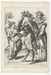 Ein blindfolded Cupido mit einer Fackel vor einem Paar in festlicher Kleidung