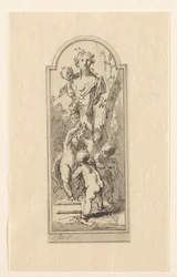 Putti mit Büste einer Frau zwischen Bäumen