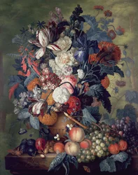 Eine Vase mit Blumen und Früchten
