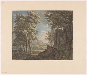 Arkadische Landschaft mit antiker Ruine und zwei Männern
