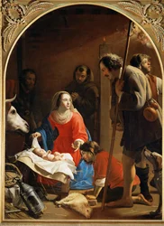 Anbetung der Hirten, im Hintergrund der heilige Franz von Assisi