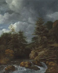 Eine Flusslandschaft mit Tannen bei einem Wasserfall