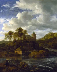 Burg und Wassermühle an einem Fluss