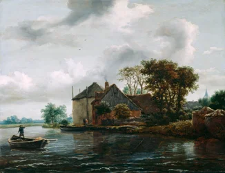 Bauernhof und Heuschober an einem Fluss