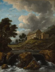 Landschaft mit einer Kirche an einem Wildbach