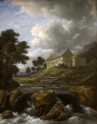 Landschaft mit einer Kirche an einem Wildbach