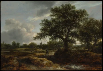 Landschaft mit einem Dorf in der Ferne