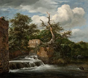 Landschaft mit einem Mühlgraben und Ruinen