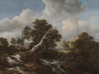 Niedriger Wasserfall in einer bewaldeten Landschaft mit einer toten Buche, ca. 1660-1670