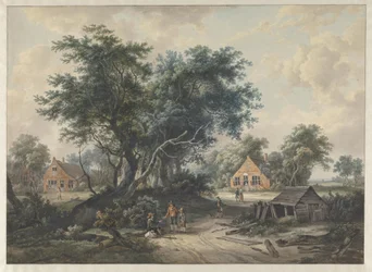 Nach Hobbema. Bauernhäuser bei hohen Bäumen