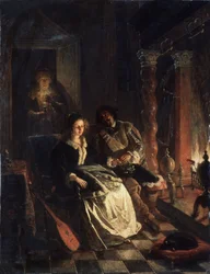 Das Rendezvous. Verführungsszene, ein junges Mädchen wird von einem Edelmann am Kamin umworben