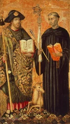 Heiliger Jakobus von Compostela dargestellt als Pilger mit Stab, Hut und Muschel und Heiliger Gilles der Einsiedler (7. Jahrhundert), ca. 1450