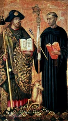 Der heilige Jakobus von Compostela dargestellt als Pilger mit Stab, Hut und Muschel und der heilige Gilles der Einsiedler (7. Jahrhundert), um 1450 (Tempera und Öl auf Holz)
