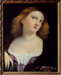 Porträt einer Frau. Gemälde auf Holz, auf Leinwand übertragen von Jacopo Palma il Vecchio (1480-1528) 1513 Dim. 0,48 x 0,38 m Lyon, Musée des Beaux Arts