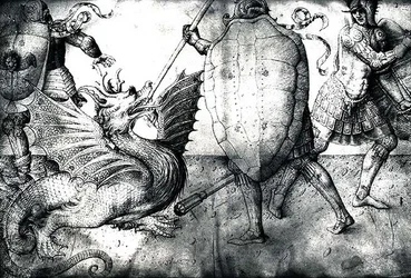 Krieger kämpfen gegen einen Drachen, ca. 1450