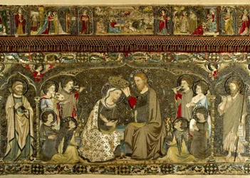 Die Krönung der Jungfrau zwischen acht Engeln und vierzehn Heiligen (kirchliche Stickerei), tätig um 1336