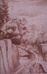 Ansicht des Klosters La Verna, der Weg zum Kloster, ca. 1607-12 (Tusch, Feder & Tinte auf Papier)