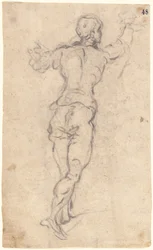 Ein schreitender Jüngling mit erhobenen Armen, von hinten gesehen, ca. 1579