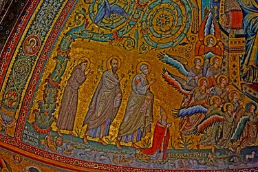 Der heilige Franziskus, der heilige Paulus, der heilige Petrus, Papst Nikolaus IV. und Engel bei der Krönung der Jungfrau, Apsis, ca. 1290
