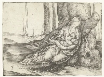 Maria mit Kind an der Brust sitzt am Fuß eines Baumes