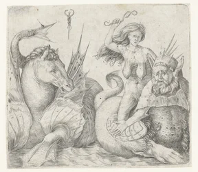 Alte Frau auf dem Rücken eines Tritons neben einem Hippokampus