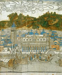 Venedig und der alte Campanile vor seiner Zerstörung durch ein Erdbeben, aus Pregrinatio in Terram Sanctam, erstmals gedruckt 1486