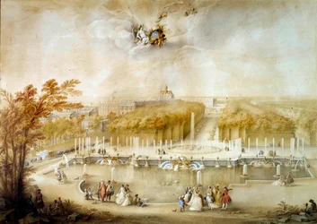 Perspektivische Ansicht der Gärten und Parterres du Nord und des Schlosses von Versailles, vom Neptunbecken aus gesehen