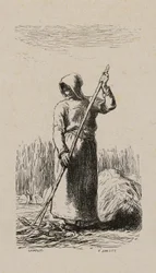 Frau beim Heurechen