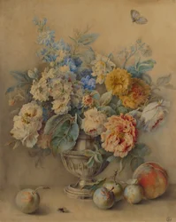 Blumen in einem silbernen Streuer, Obst im Vordergrund, 18. Jahrhundert