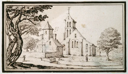 Eine Kirche in Lothringen und ein benachbartes Gebäude