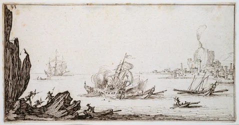 Eine Galeere, die von einem Kriegsschiff in der Mitte gerammt wird, in Sichtweite des Hafens, um 1617