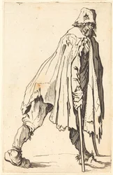 Bettler mit Krücken und Mütze