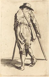 Bettler mit Krücken und Hut, Rückansicht