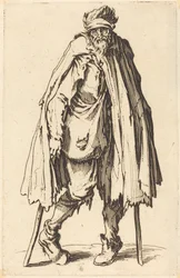 Bettler mit Krücken und Sack