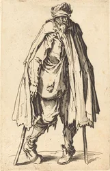 Bettler mit Krücken und Sack