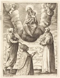 Bonifatius VIII. mit den Heiligen Franziskus und Crispin, die die Jungfrau und das Kind anbeten