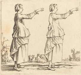 Bäuerin im Profil, nach rechts gewandt, mit ausgestrecktem Arm, 1617 und 1621