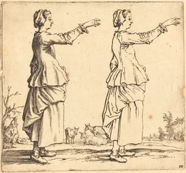 Bäuerin im Profil, nach rechts gewandt, mit ausgestrecktem Arm, 1617 und 1621