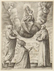 Papst Bonifatius VIII. mit dem heiligen Franziskus und dem heiligen Crispinus bei der Anbetung der Jungfrau und des Jesuskindes