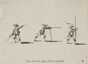 Einnehmen der Schussposition mit dem Musket, Tafel acht aus Die Militärübungen