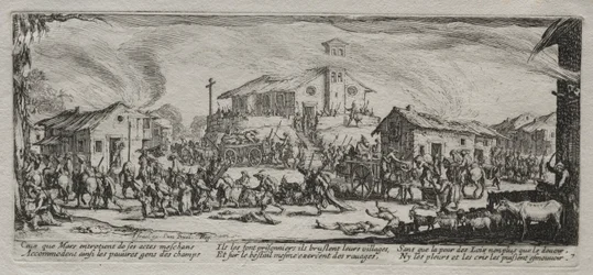 Die großen Elend des Krieges: Plünderung und Verbrennung eines Dorfes