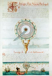 Navigationsinstrumente: Navigator mit einem Astrolabium. Seite aus „Les Premieres Works de Jacques Devaulx Pilot en la Marine“ von Jacques de Vaulx