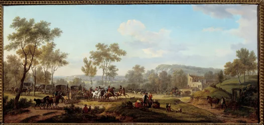 Ein Rennen in der Nähe von Longchamps, Kutschen und Reiter in der Pariser Landschaft